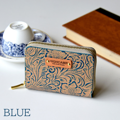 カービング型押しレザー コンパクトウォレット ミニウォレット 花柄