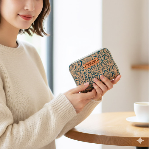 カービング型押しレザー コンパクトウォレット ミニウォレット 花柄