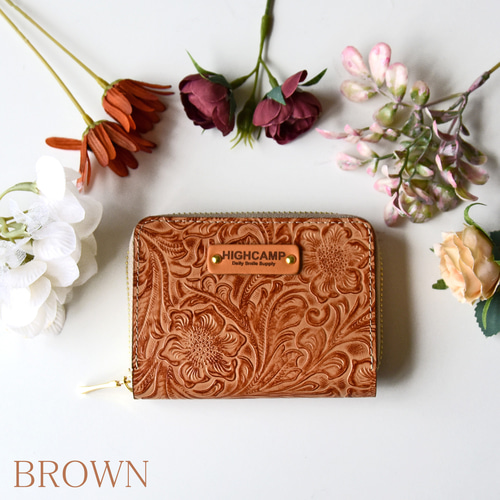 カービング型押しレザー コンパクトウォレット ミニウォレット 花柄