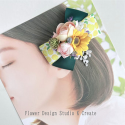 ブルーグリンの薔薇とビジューなダリアのジェイドリボンのコーム　髪飾り　成人式　袴 ブルーグリンの薔薇とビジューなダリアのジェイドリボンのコーム