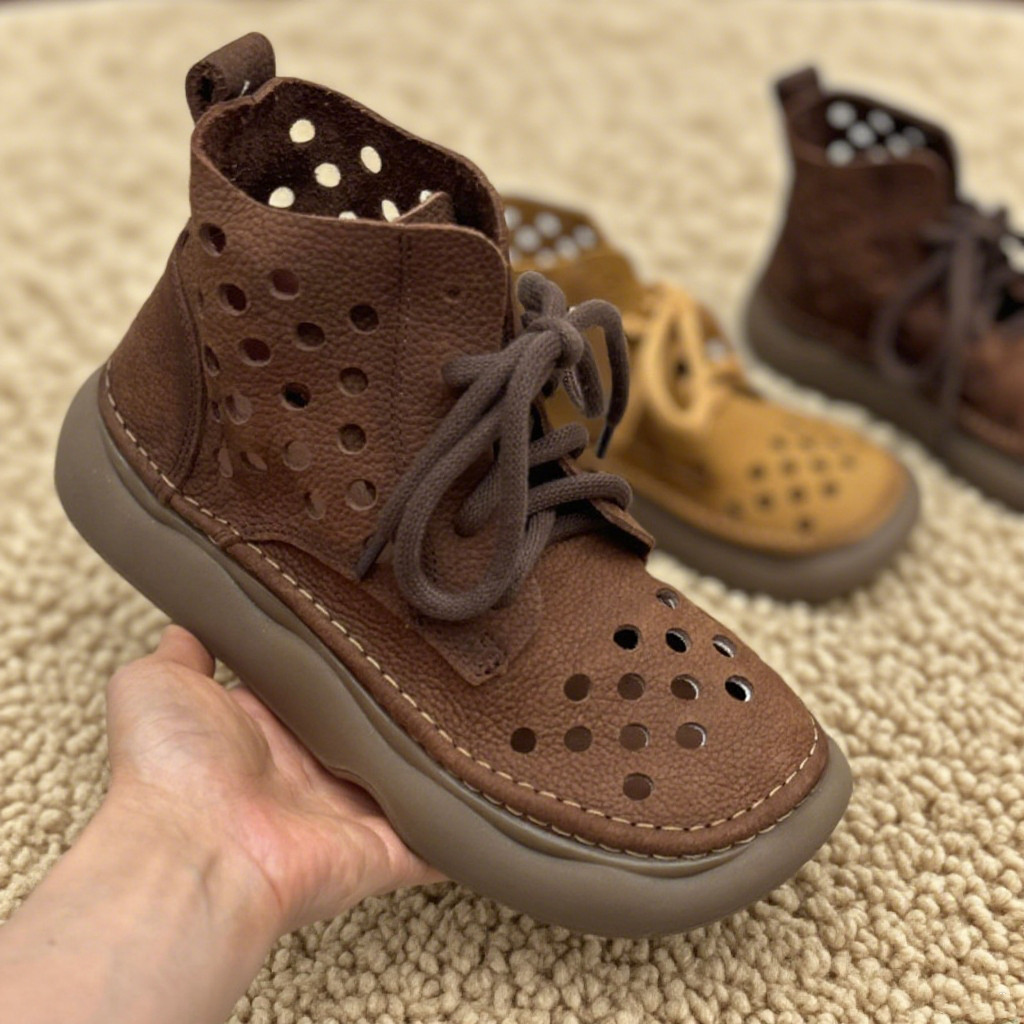 快適フラットゴム底|フラットパンチングシューズ|本革透かしサマーブーツ