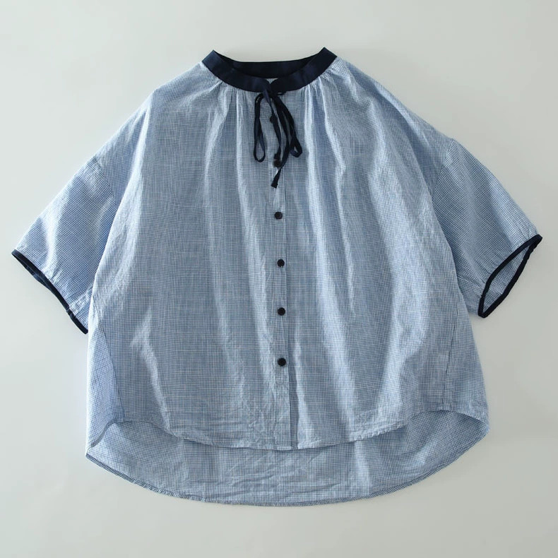 コットン100% 小さなギンガムチェックのブラウス 半袖 夏 ブラック/ブルー