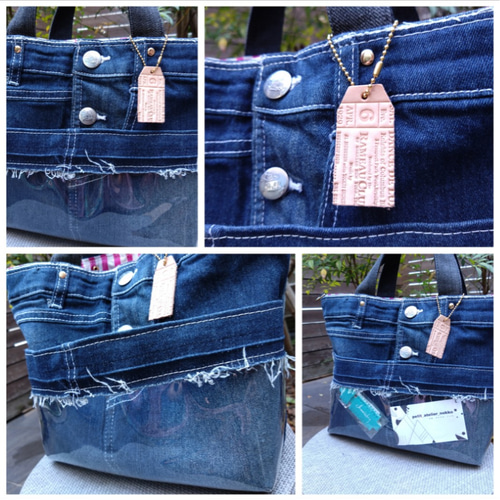 №745【DENIM✖️PVC クリアポケットToteBag⚮̈♥】デニムリメイク推し