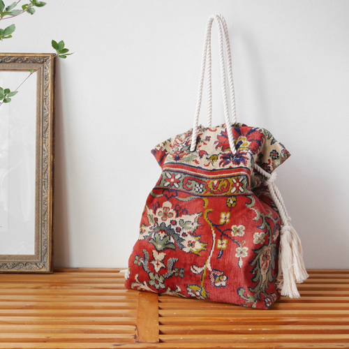 ロープ持ち手のヴィンテージラグリメイクバッグ 2way 2wayバッグ