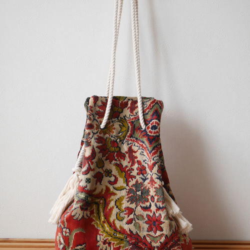 ロープ持ち手のヴィンテージラグリメイクバッグ 2way 2wayバッグ