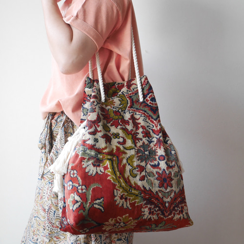 ロープ持ち手のヴィンテージラグリメイクバッグ 2way 2wayバッグ