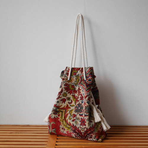 ロープ持ち手のヴィンテージラグリメイクバッグ 2way 2wayバッグ