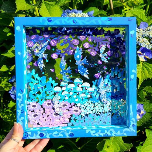 残り一点/透明アート原画】花庭散歩~青×鳥~ クリアBOX 22cm