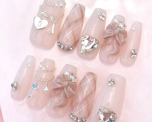 No.107 オーダー♡ キー チャーム チェック リボン ネイル チップ 量産