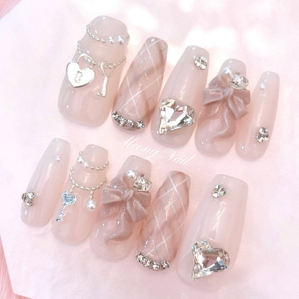 No.107 オーダー♡ キー チャーム チェック リボン ネイル チップ 量産