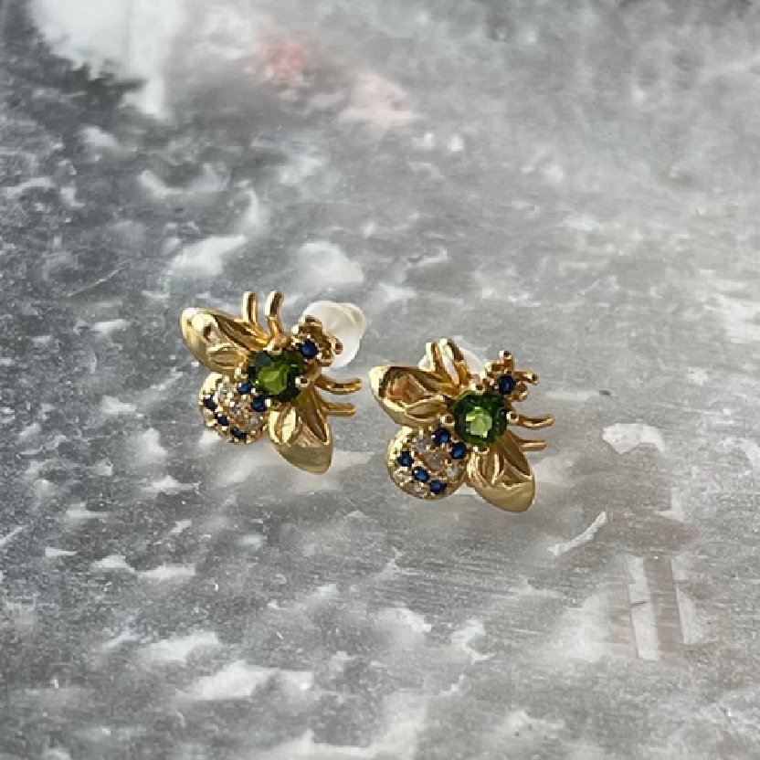 【蜂（Bee）ピアス】【ダイオプサイト×ブラックスピネル×ジルコニア】【S925】ゴールド｜アクセサリー｜鉱物 天然石