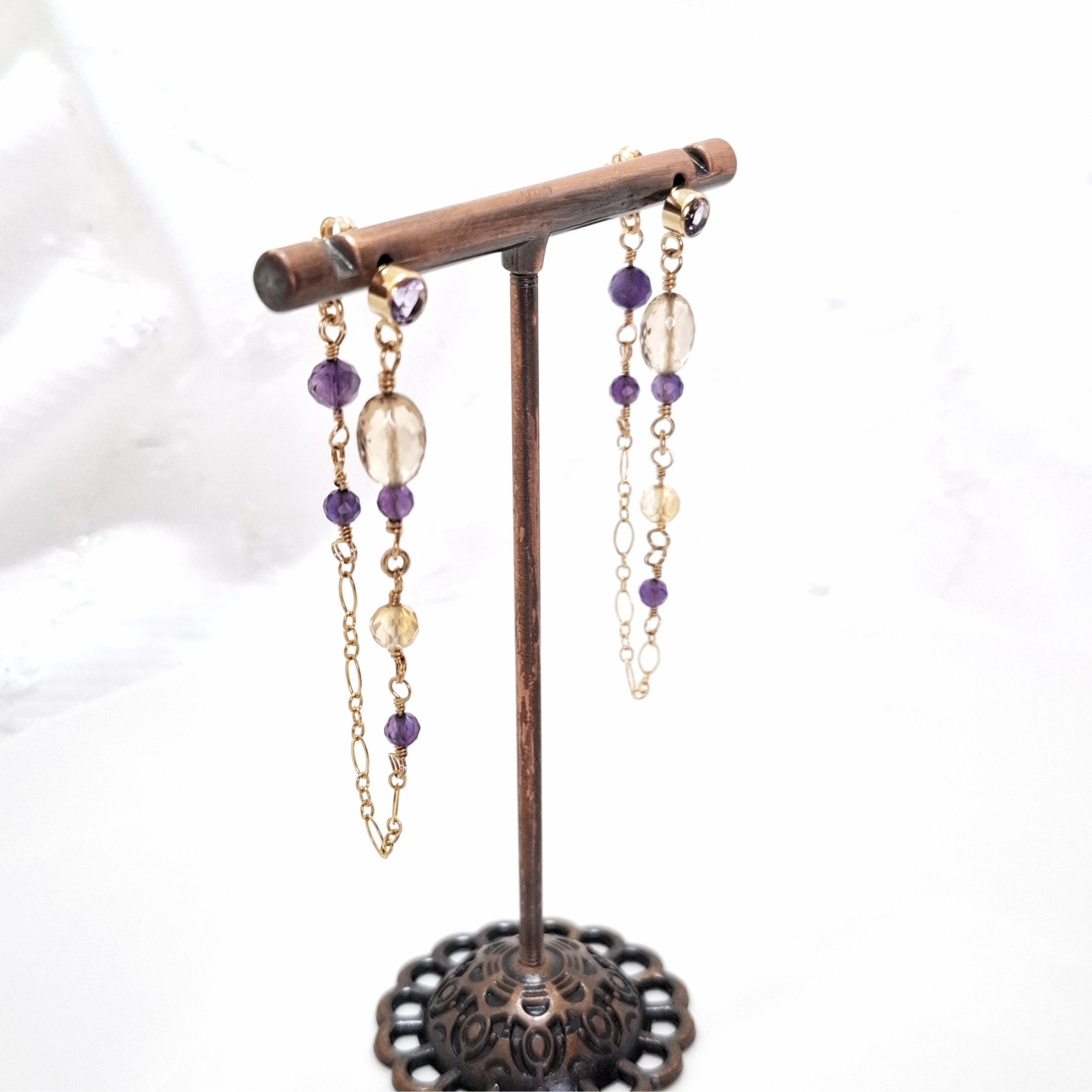 シトリンとアメジストのバックキャッチピアス 14kgf PDM0037