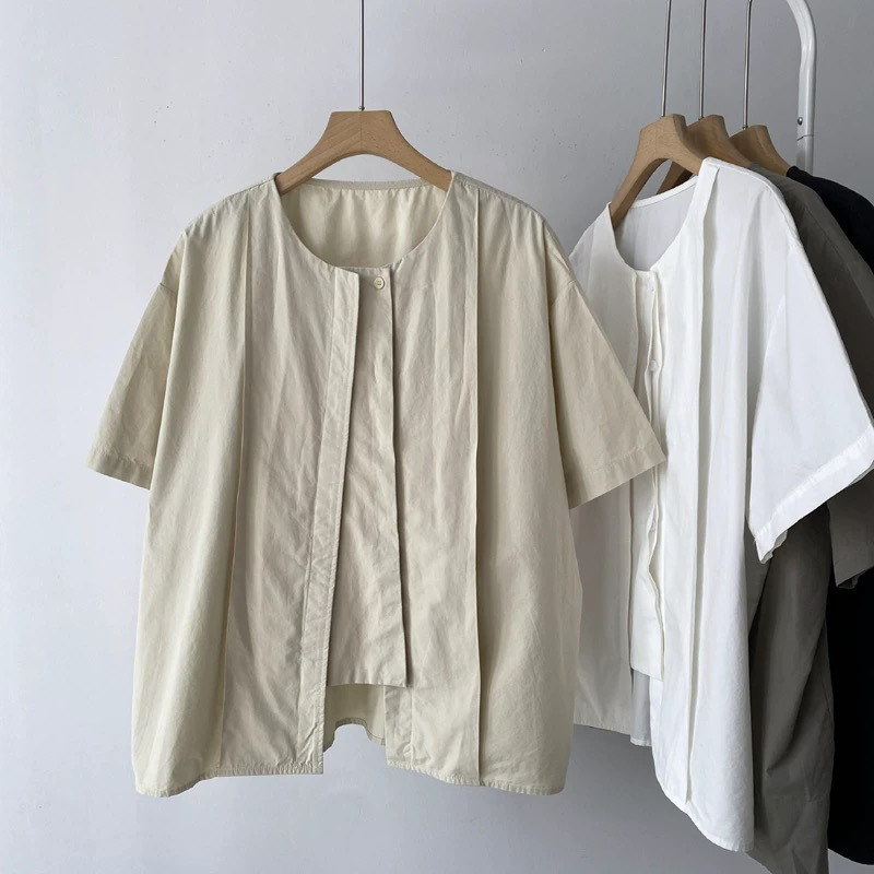 デザイン感のあるアシンメトリック丸首シャツ【返品・交換可】品質最優先25-187