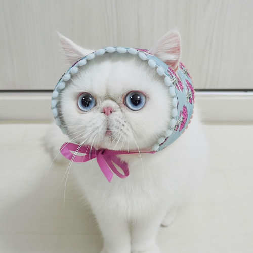 ねこのバブーシュカ【ブルー系】 三角巾 インドブロックハンドプリント