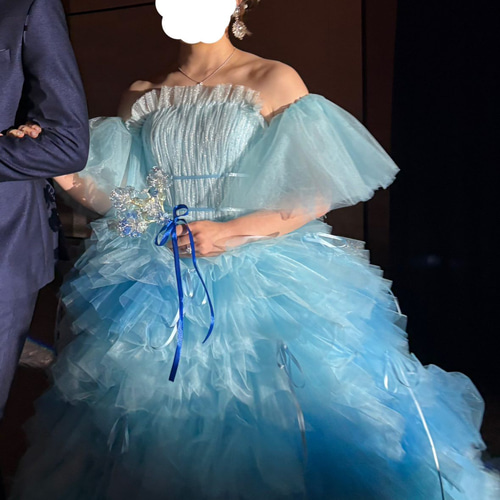 実例写真！カラードレス ブルー もこもこドレス リボン 編み上げ