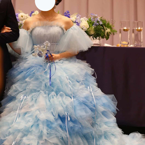 実例写真！カラードレス ブルー もこもこドレス リボン 編み上げ