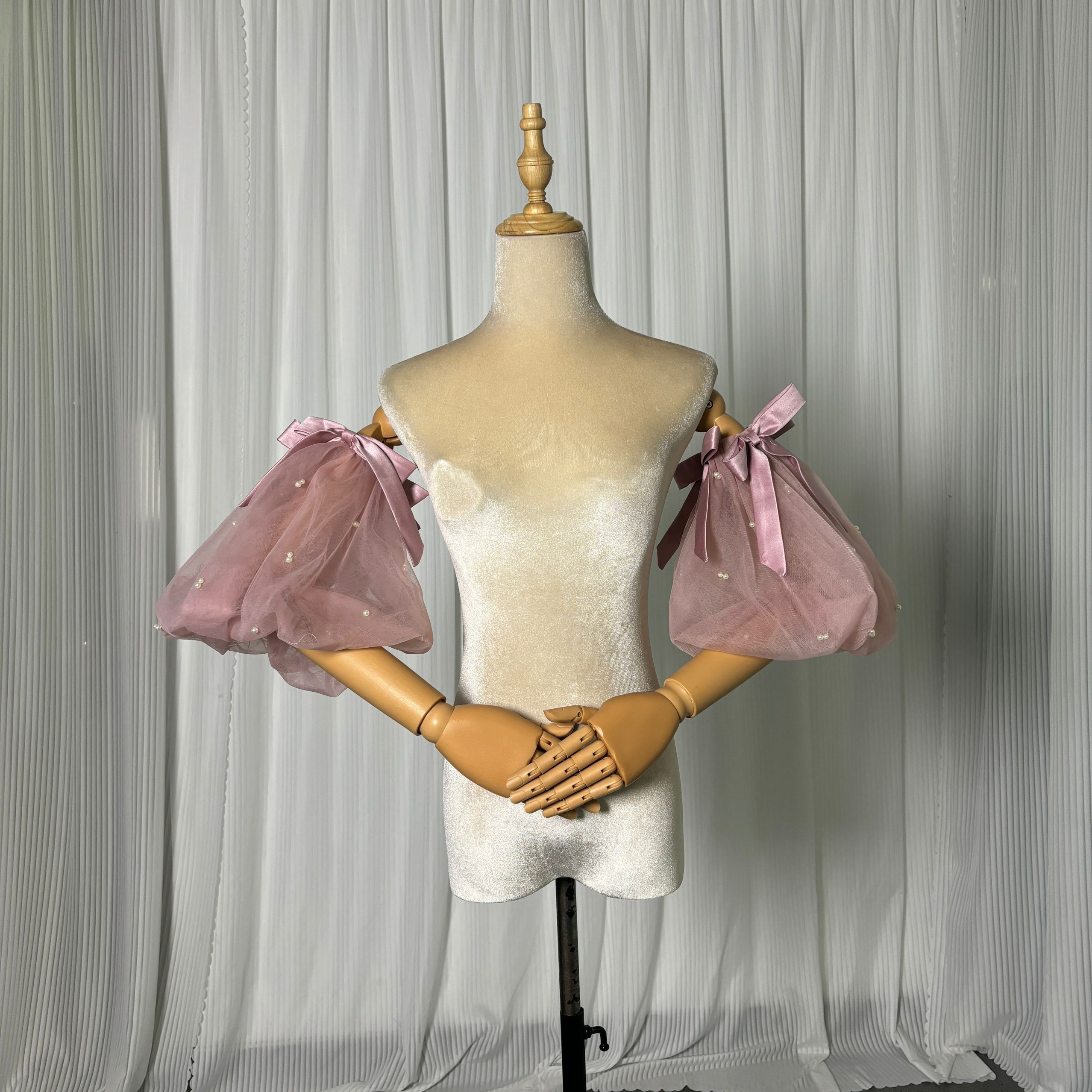 送料無料！パフスリーブ 姫袖 パール リボン ピンク 可愛い ストレッチ 花嫁/ウェディングドレス