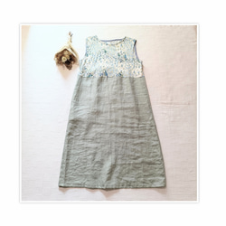 一点もの☆ ノースリーブ シンプルワンピ　ボタニカル柄パッチワーク コットン× アイスグリーン リネン　右ポケット付 1枚目の画像