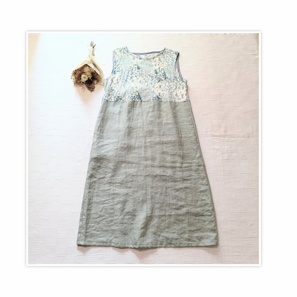 一点もの☆ ノースリーブ シンプルワンピ　ボタニカル柄パッチワーク コットン× アイスグリーン リネン　右ポケット付 1枚目の画像