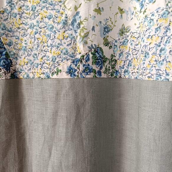 一点もの☆ ノースリーブ シンプルワンピ　ボタニカル柄パッチワーク コットン× アイスグリーン リネン　右ポケット付 6枚目の画像