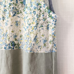 一点もの☆ ノースリーブ シンプルワンピ　ボタニカル柄パッチワーク コットン× アイスグリーン リネン　右ポケット付 4枚目の画像