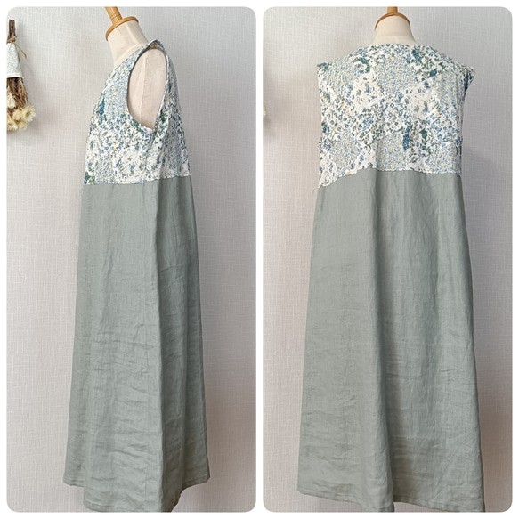 一点もの☆ ノースリーブ シンプルワンピ　ボタニカル柄パッチワーク コットン× アイスグリーン リネン　右ポケット付 8枚目の画像