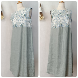 一点もの☆ ノースリーブ シンプルワンピ　ボタニカル柄パッチワーク コットン× アイスグリーン リネン　右ポケット付 7枚目の画像