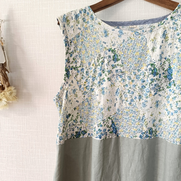 一点もの☆ ノースリーブ シンプルワンピ　ボタニカル柄パッチワーク コットン× アイスグリーン リネン　右ポケット付 3枚目の画像