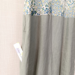 一点もの☆ ノースリーブ シンプルワンピ　ボタニカル柄パッチワーク コットン× アイスグリーン リネン　右ポケット付 5枚目の画像