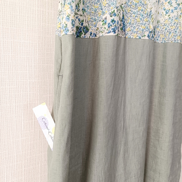 一点もの☆ ノースリーブ シンプルワンピ　ボタニカル柄パッチワーク コットン× アイスグリーン リネン　右ポケット付 5枚目の画像