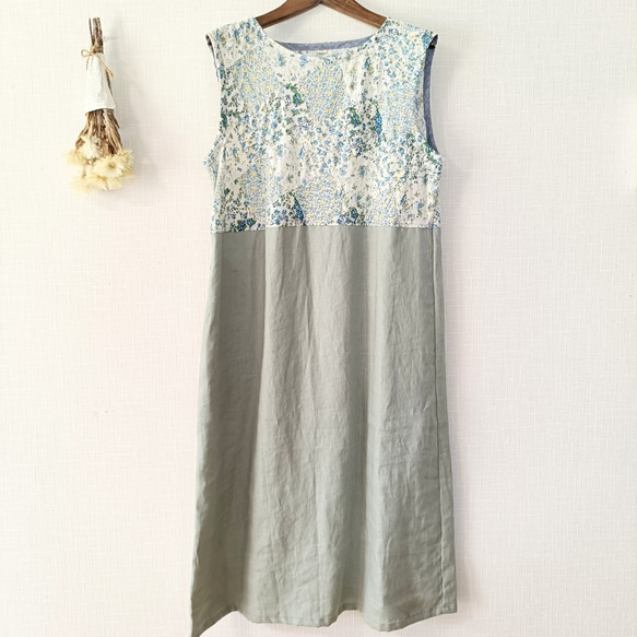 一点もの☆ ノースリーブ シンプルワンピ　ボタニカル柄パッチワーク コットン× アイスグリーン リネン　右ポケット付 2枚目の画像