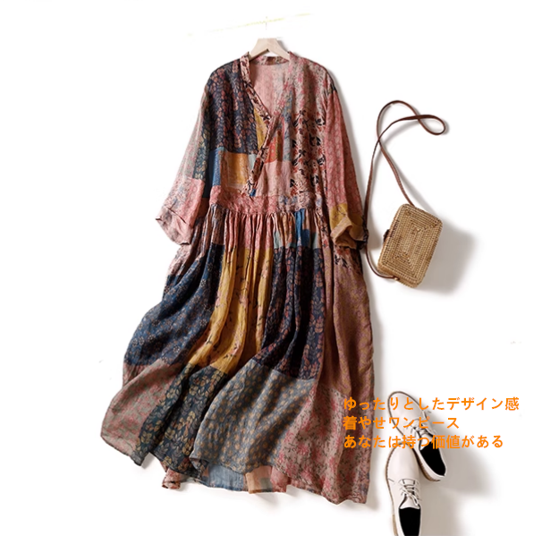 民族風プリント綿麻五分袖ワンピース女性デザイン感オーバーサイズ遮肉痩せ見えゆったりリネンロングスカート