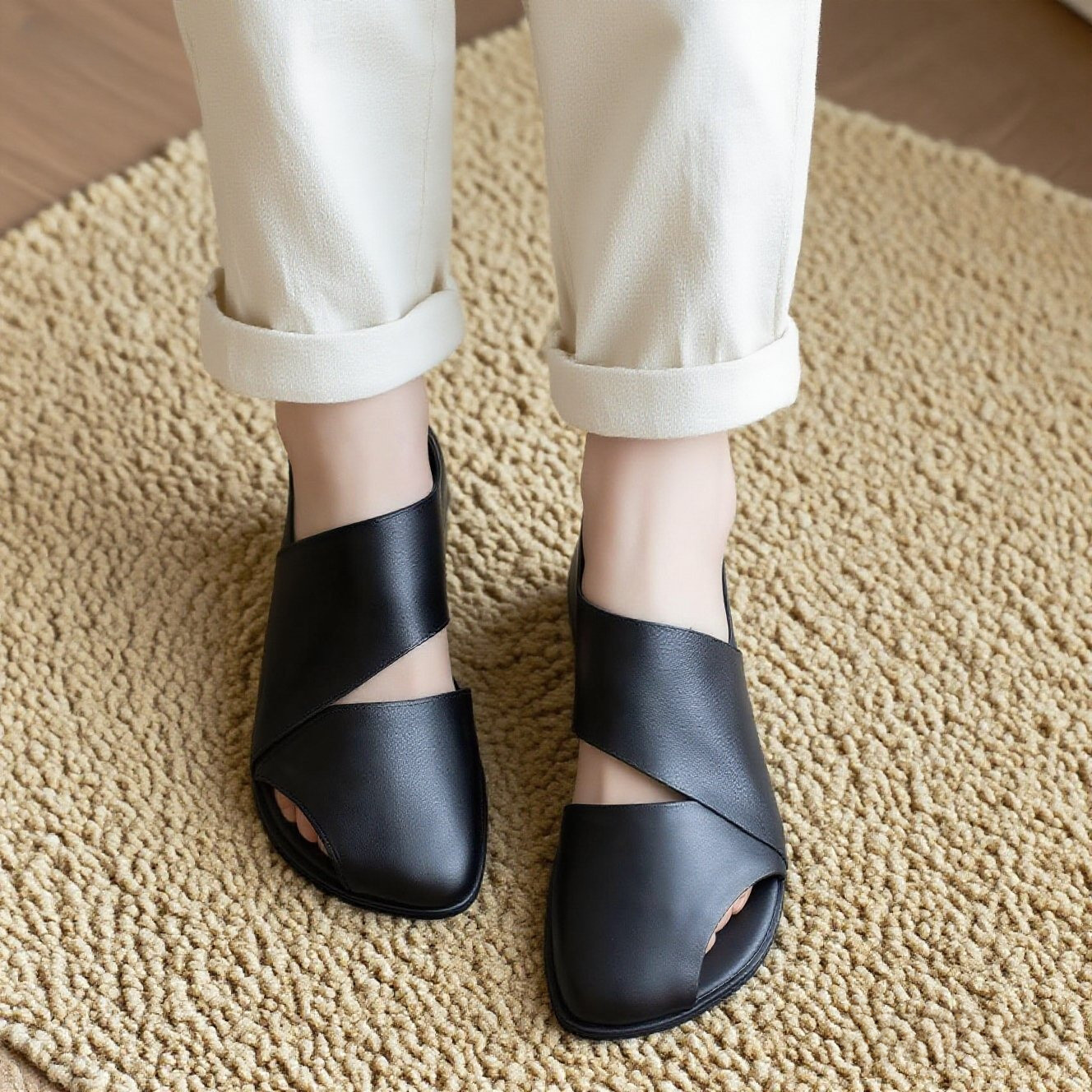 夏季新作|牛革サンダル|オープントゥフラット | ローヒール|ソフトソール|トゥキャップ