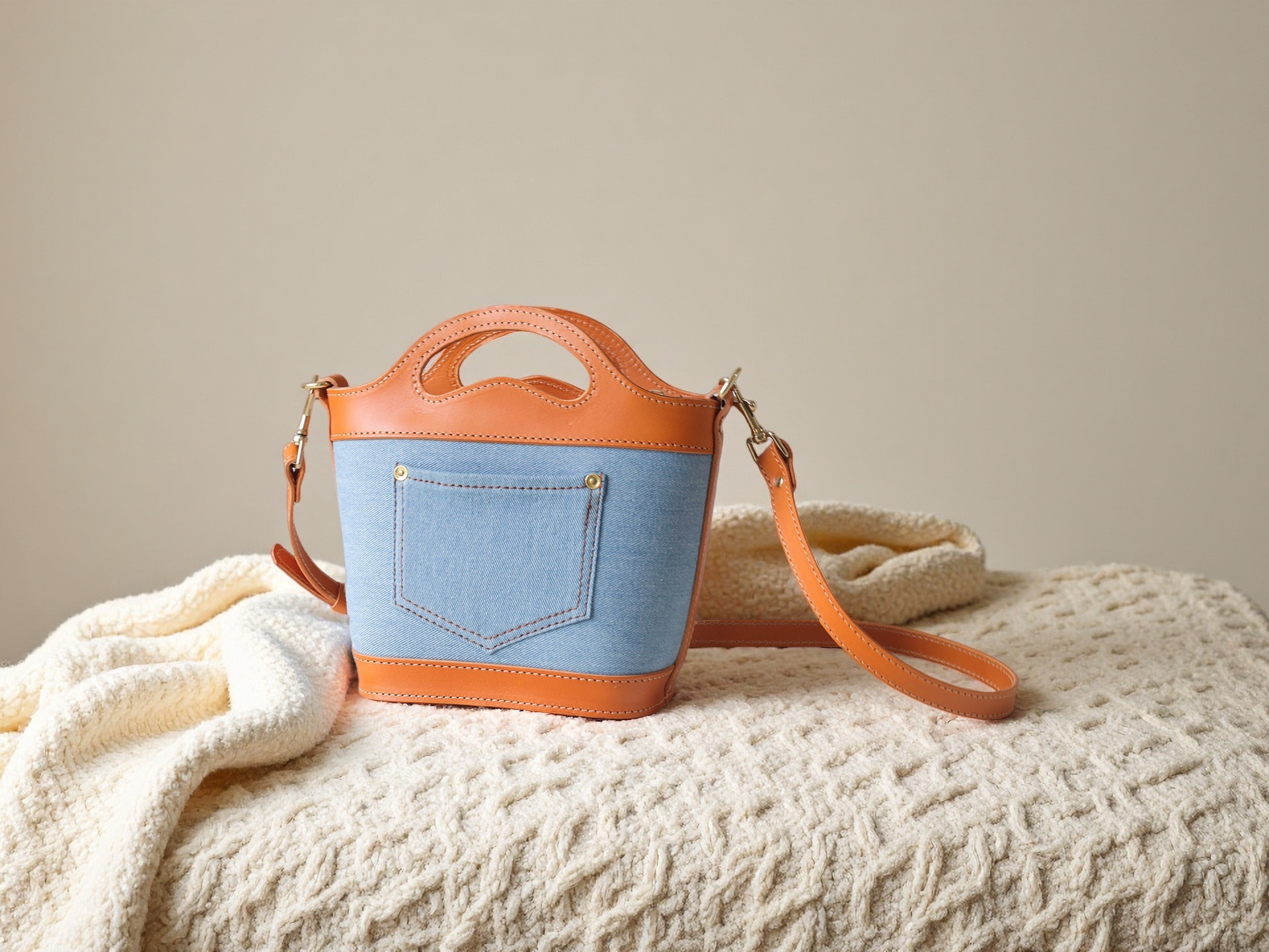 「デニム×革の組み合わせ」バスケットバッグ トートバッグ ショルダーバッグ お出かけにピッタリ 2WAY 中型鞄