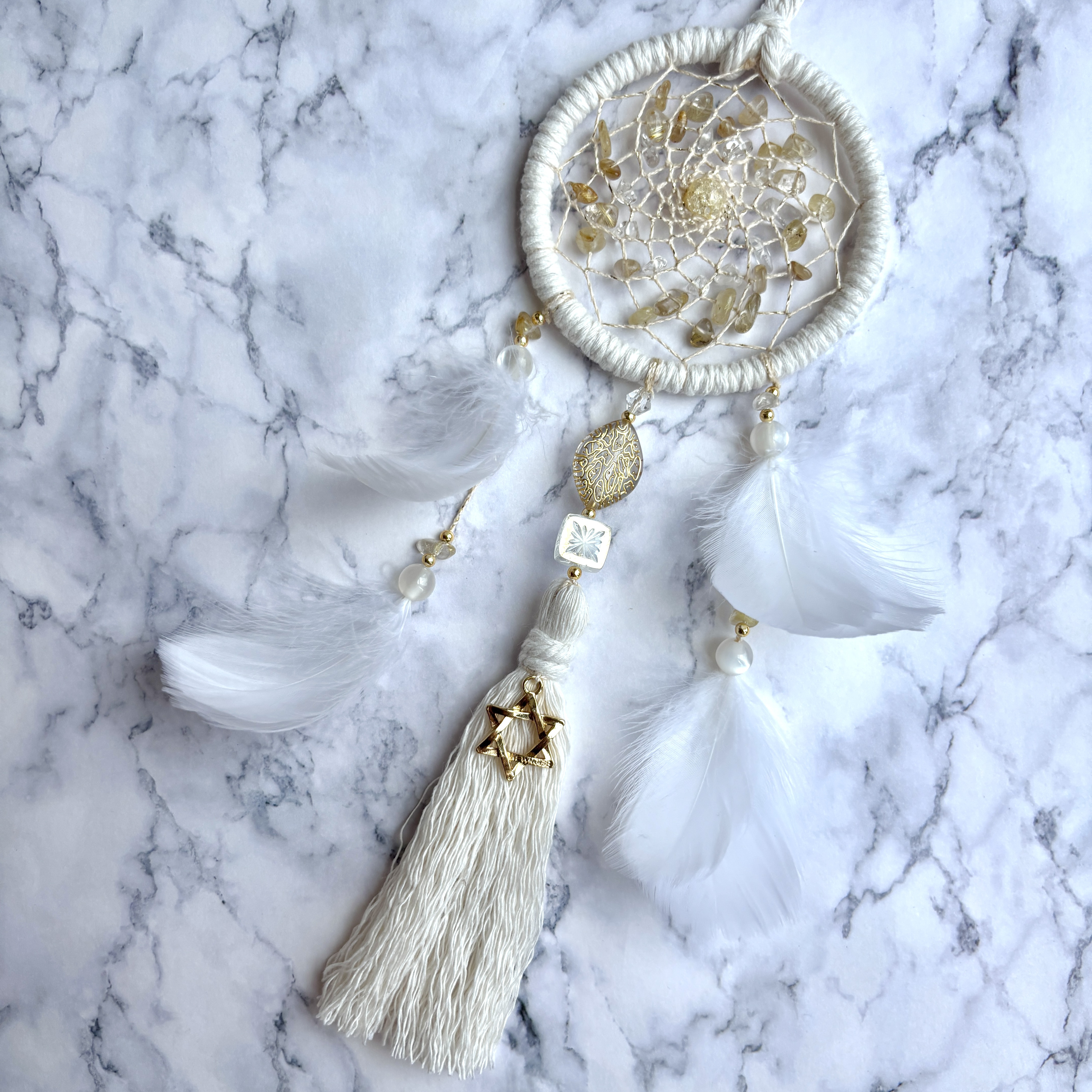 【家庭円満】ホワイト 《ルチルクォーツ×水晶》 ドリームキャッチャー