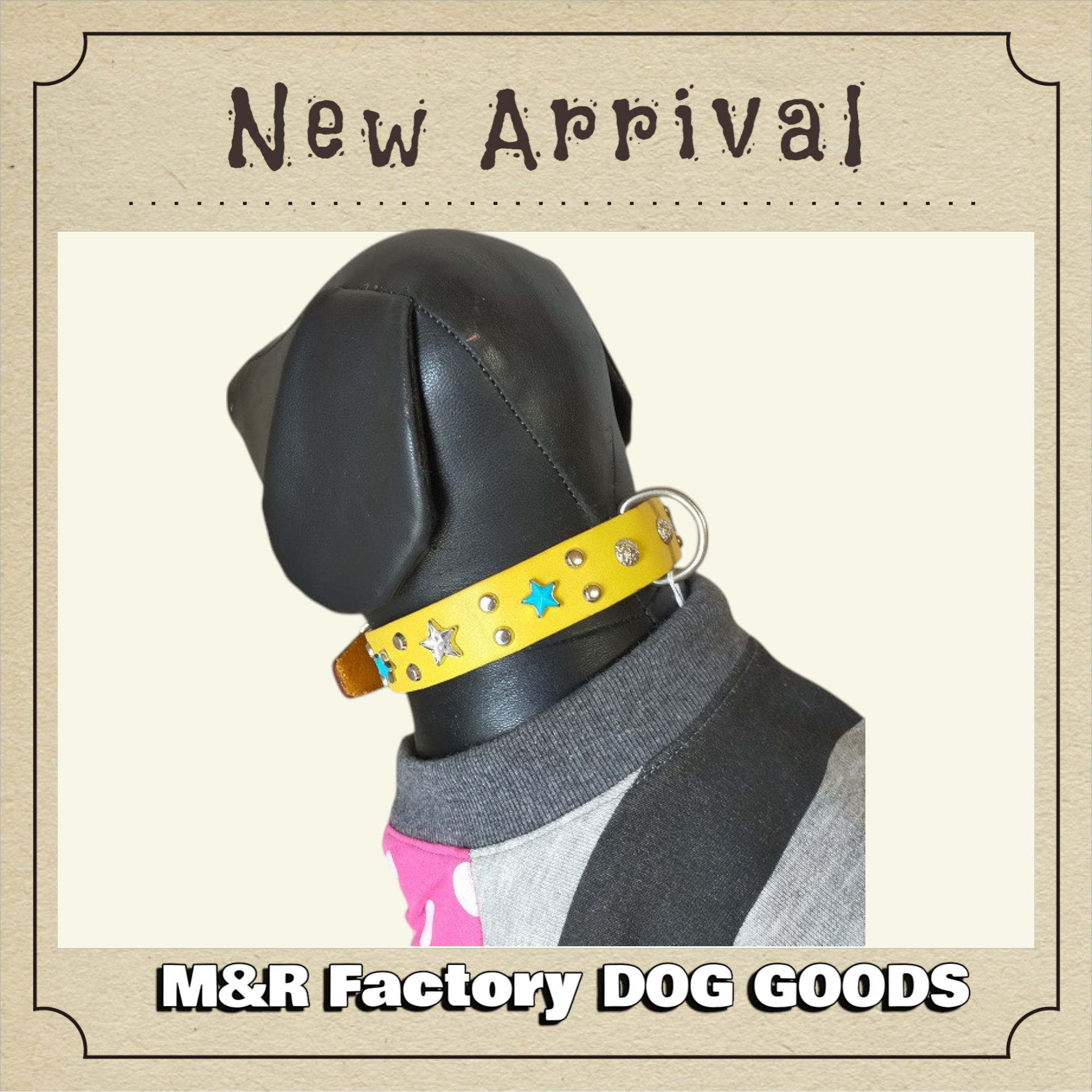 M&R Factoryイエローヌメ革製星スタッズ首輪25001 #ボストンテリア　#フレンチブルドッグ