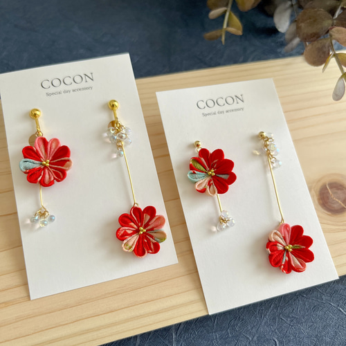 浴衣に映える＊線香花火ピアス／イヤリング【つまみ細工】揺れる