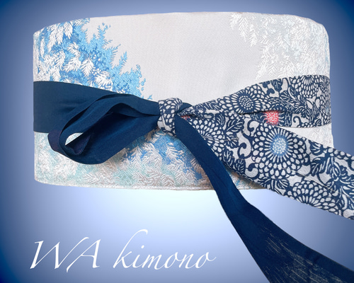 刺繍帯 白 ブルー サッシュベルト Ｗ55〜75 着物リメイク J70708 刺繍帯 白 ブルー サッシュベルト W55〜75cm着物リメイク
