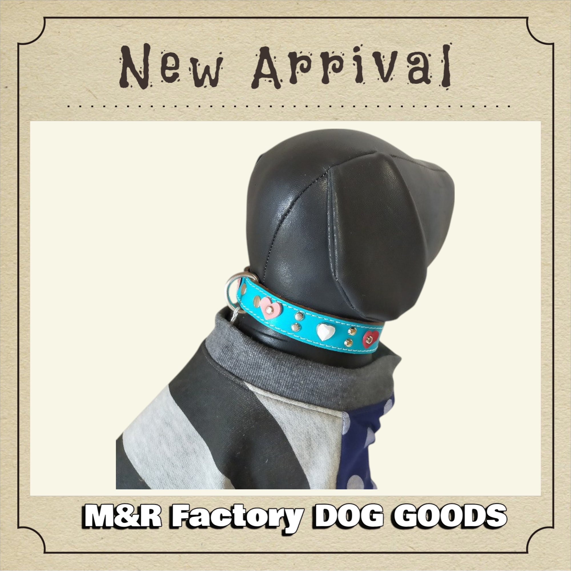 M&R Factory（新）ターコイズブルー・革製シロ・ハートスタッズ首輪25002 #ボストンテリア　#フレンチブル 5,070円