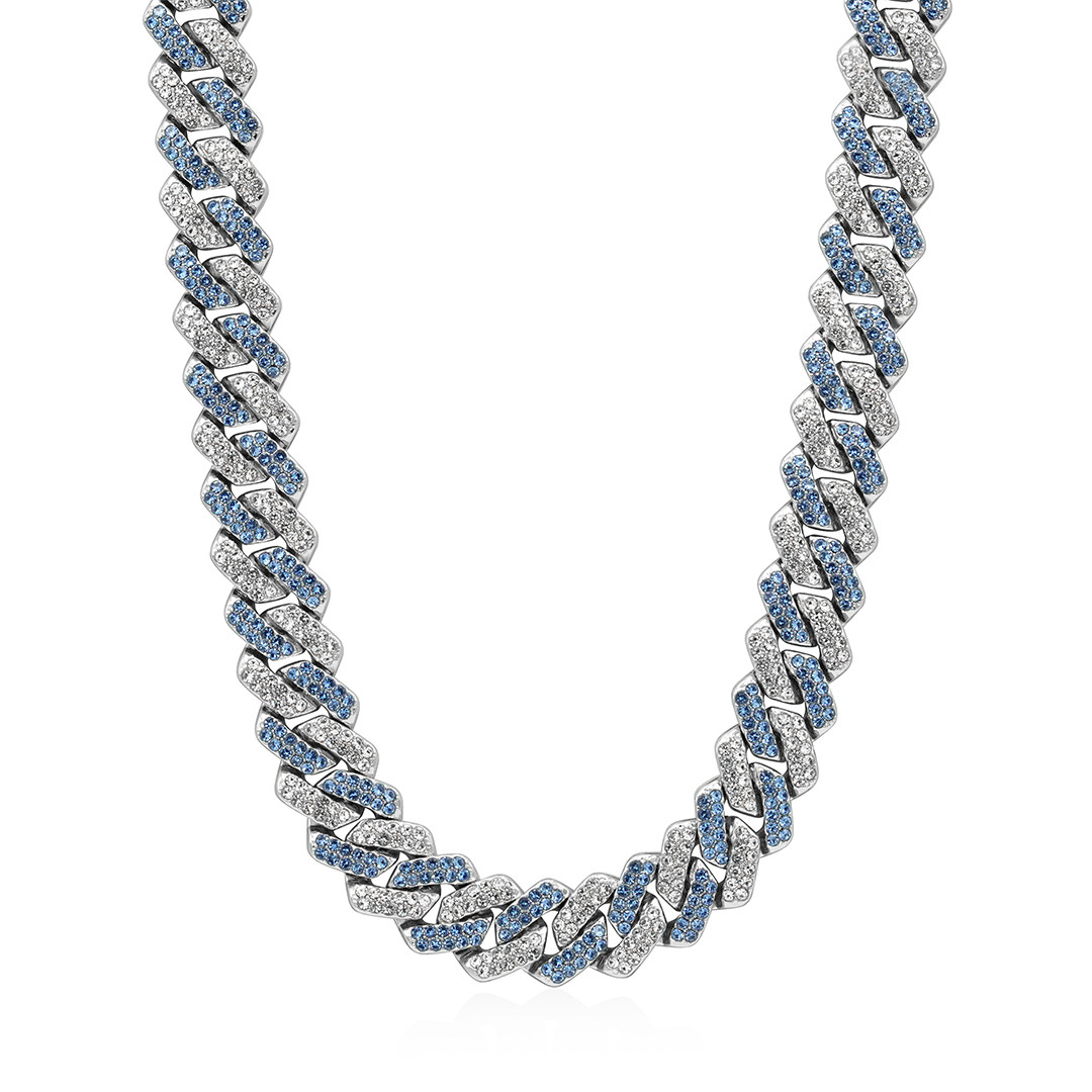 14mm シルバー×ブルーアイスアウト キューバチェーンネックレス メンズ（A）（1週間発送）