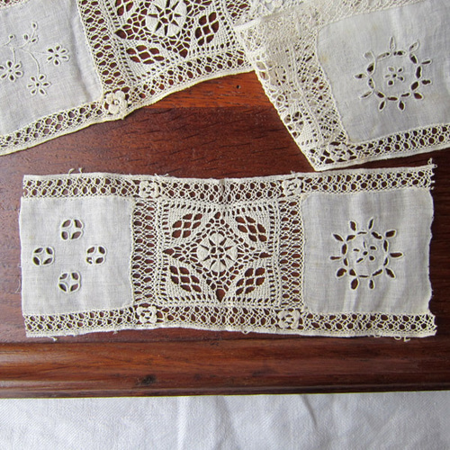 フランスアンティーク レース刺繍モチーフ麻45+18cm模様 レース