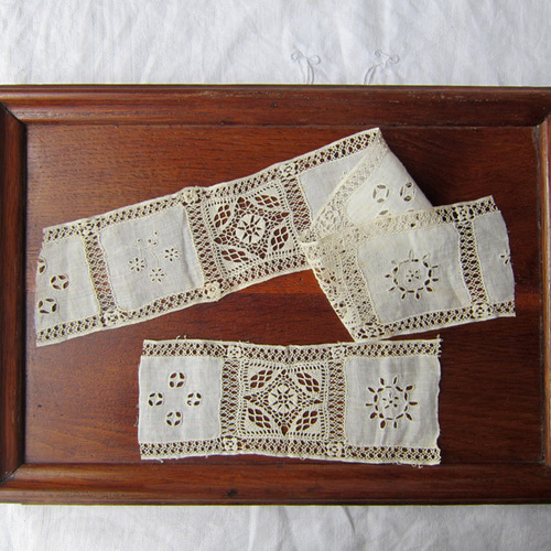 フランスアンティーク　刺繍ちょうちょレース フランスアンティーク レース刺繍モチーフ麻45+18cm模様 レース