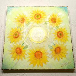 風水開運絵画☆太陽とひまわりと幸せ梟家族｜ハッピーを呼ぶ開運原画　成長　夫婦　子 風水開運絵画 太陽とひまわりと幸せ梟家族｜ハッピーを呼ぶ開運