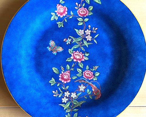 19世紀　メイソンズ　シノワズリ　牡丹　花鳥文様　平皿約24cm 花と鳳凰と蝶のシノワズリプレート【ネイビー】24cm大皿 大皿 Poms