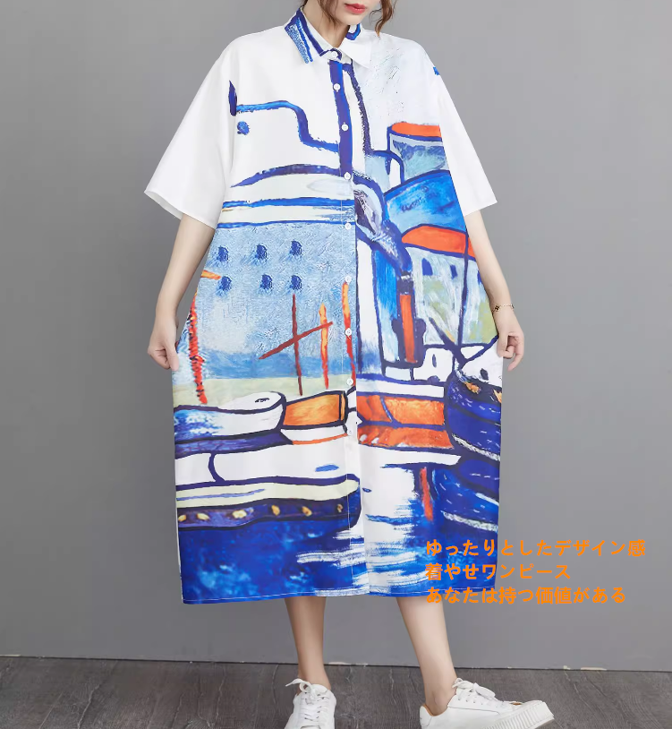 ラージサイズ婦人服新型2025ワンピース夏の高級感レトロプリントカジュアルミディアム丈シャツスカートで着やせ