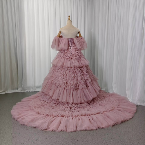 送料無料！カラードレス オフショルダー ピンク ふわふわドレス