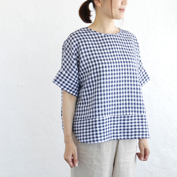 《数量限定》大人のTシャツに。リネンのワイドプルオーバーブラウス（ギンガムチェック）TP34. 3枚目の画像