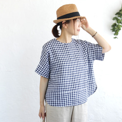 《数量限定》大人のTシャツに。リネンのワイドプルオーバーブラウス（ギンガムチェック）TP34. 2枚目の画像