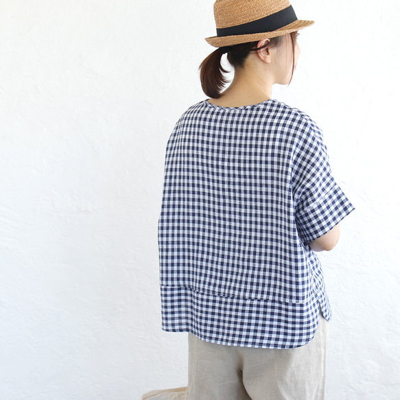 《数量限定》大人のTシャツに。リネンのワイドプルオーバーブラウス（ギンガムチェック）TP34. 4枚目の画像