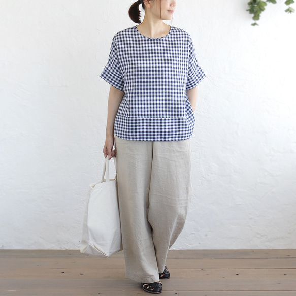 《数量限定》大人のTシャツに。リネンのワイドプルオーバーブラウス（ギンガムチェック）TP34. 6枚目の画像